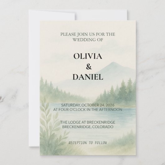 Invitation Rustic Watercolor Mountain Forest Pine Wedding (Devant)