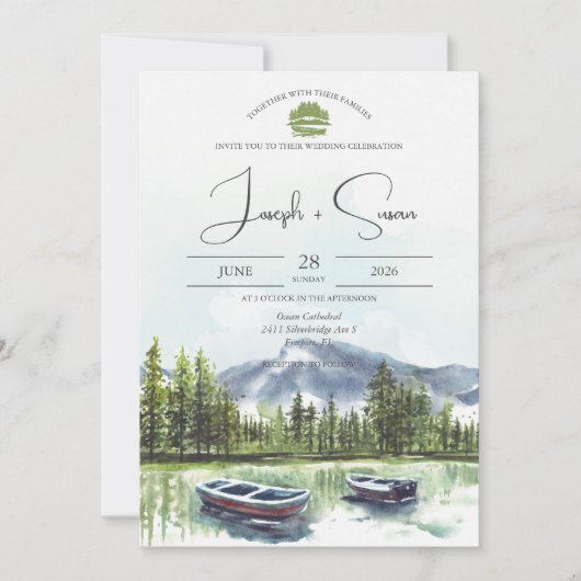 Invitation Rustic Watercolor Mountain Lake Mariage vert (Devant)