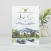 Invitation Rustic Watercolor Mountain Lake Mariage vert (Debout devant)