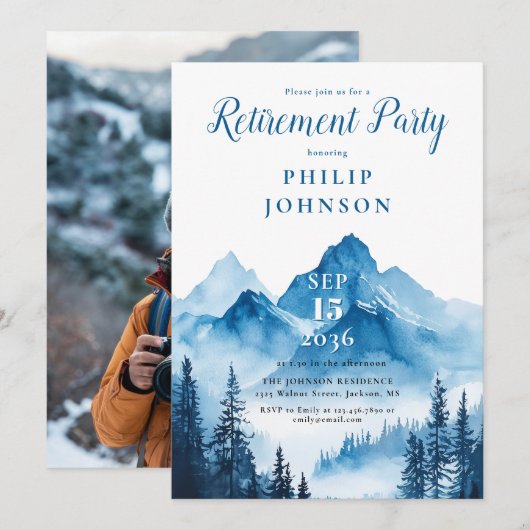 Invitation Rustic Watercolor Mountain Retraite Party Photo (Devant / Derrière)