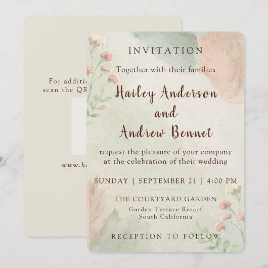 Invitation Rustic Watercolor Peach and Green Minimal Wedding (Devant / Derrière)