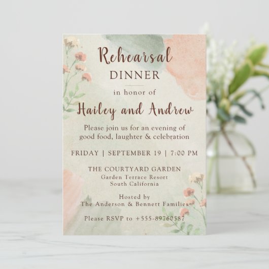 Invitation Rustic Watercolor Peach & Green Rehearsal Dinner (Debout devant)