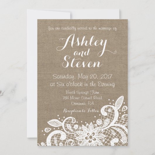 Invitation Rustic wedding Invite with lace over burlap (Devant)