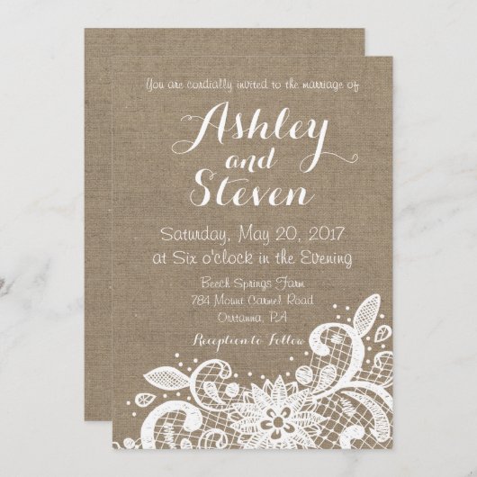 Invitation Rustic wedding Invite with lace over burlap (Devant / Derrière)