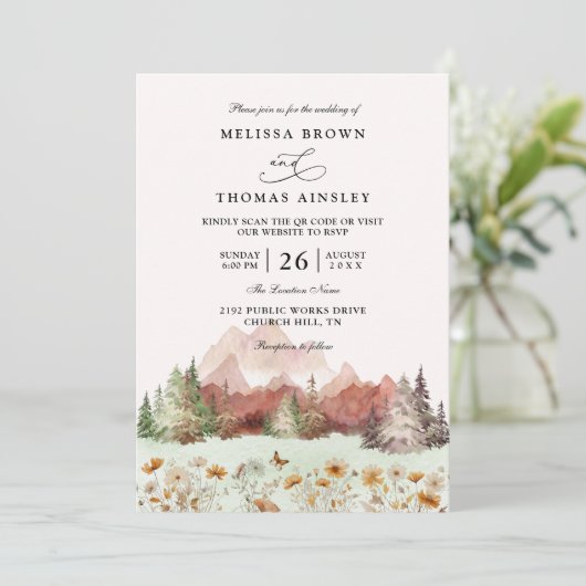 Invitation Rustic Wedding Mountain Wildflower QR Code Wedding (Debout devant)