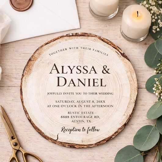 Invitation Rustic Wedding Wood Cut Grain Custom