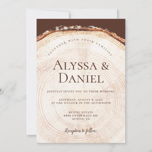 Invitation Rustic wedding wood slice Country Barn Woodland  (Devant)