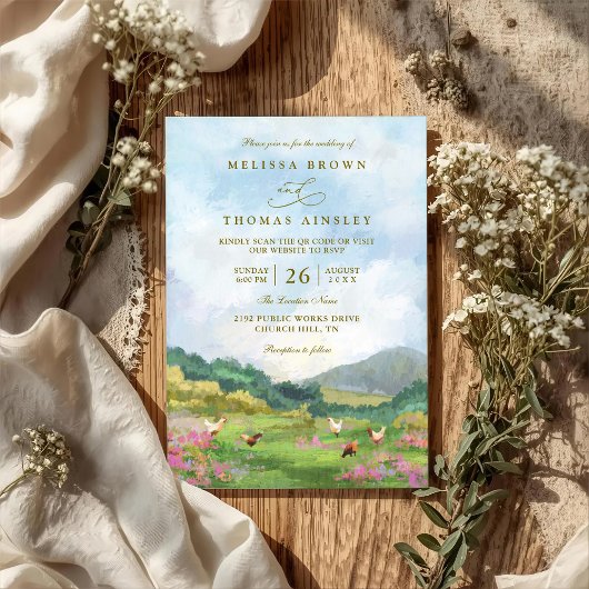 Invitation Rustic Western Barn Countryside QR Code Wedding
