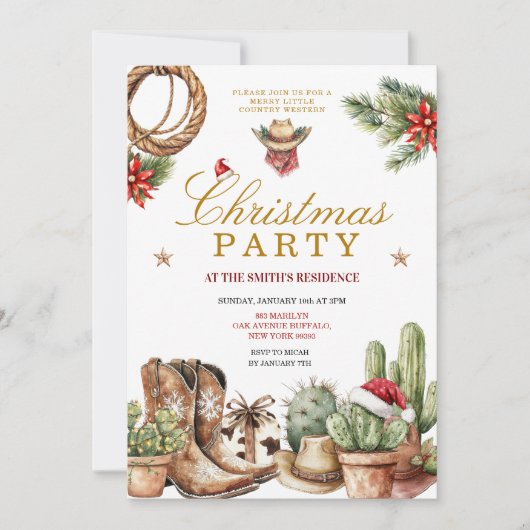 Invitation Rustic Western Cowboy Boots & Cactus Holiday (Devant)