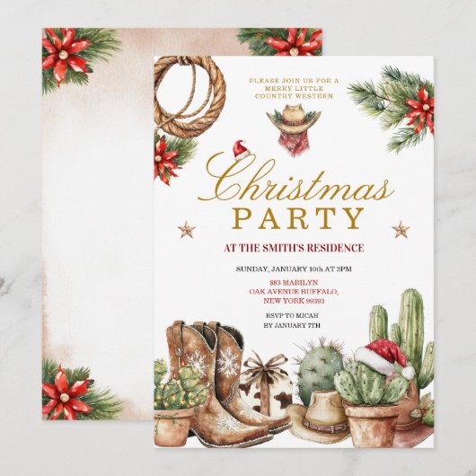 Invitation Rustic Western Cowboy Boots & Cactus Holiday  (Devant / Derrière)