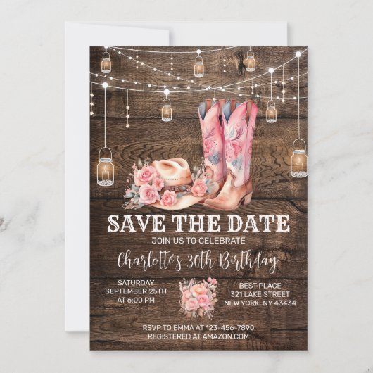 Invitation Rustic Western Cowgirl Enregistrer la date Anniver (Devant)