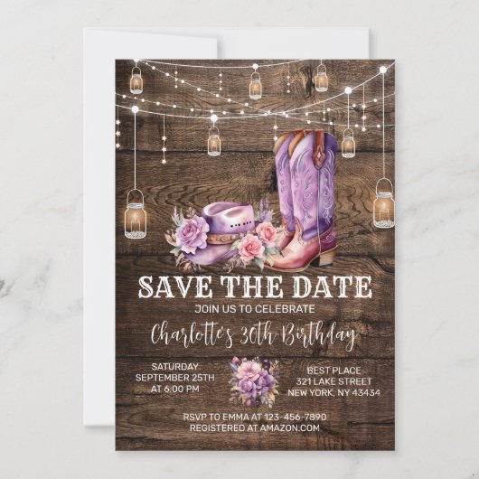 Invitation Rustic Western Cowgirl Enregistrer la date Anniver (Devant)