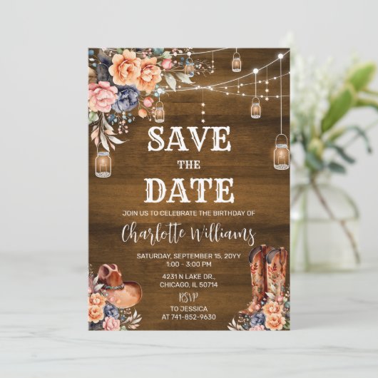 Invitation Rustic Western Enregistrer la date fête d'annivers (Debout devant)