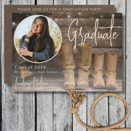 Invitation Rustic Western Grange & Cowboy Boot Photo Graduati