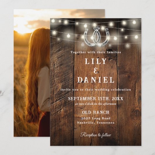 Invitation Rustic Western Horseshoes Lights Photo Wedding (Devant / Derrière)
