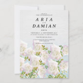 Invitation Rustic white wood pink mint roses Wedding (Devant)