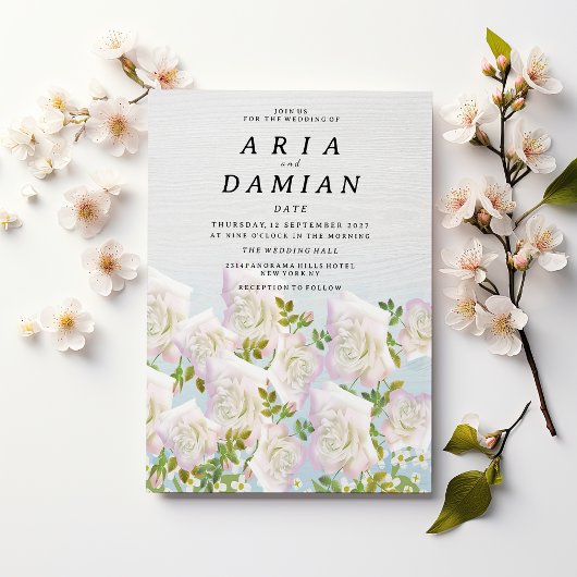 Invitation Rustic white wood pink mint roses Wedding