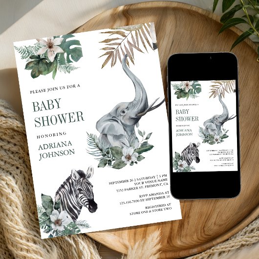 Invitation Rustic Wild Safari Zebra and Elephant Baby Shower