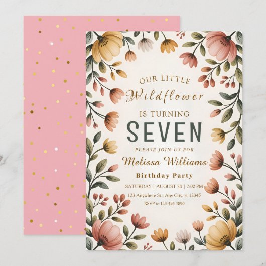Invitation Rustic Wildflower Girl Birthday (Devant / Derrière)