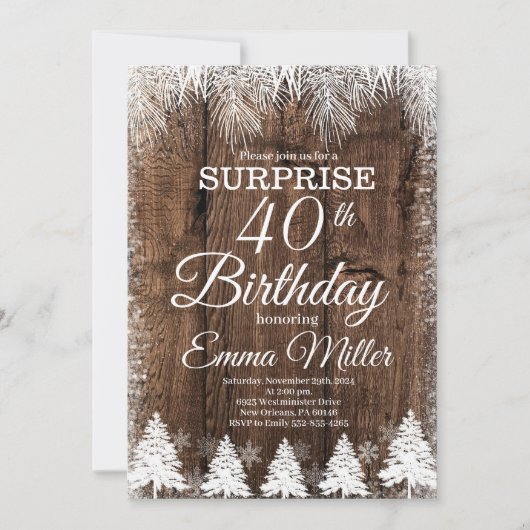 Invitation Rustic Winter 40e fête d'anniversaire (Devant)