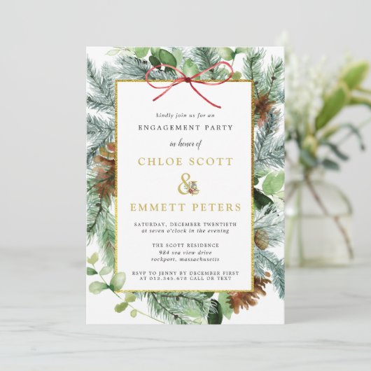 Invitation Rustic Winter Botanical Pine Engagement (Debout devant)