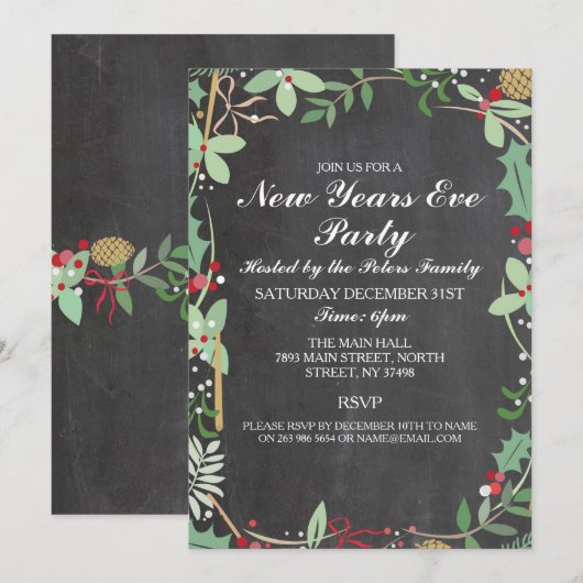 Invitation Rustic Winter Chalk Berry Nouvel An Jour de Réveil (Devant / Derrière)