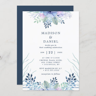Invitation Rustic Winter Floral Navy Mariage d'aquarelle bleu
