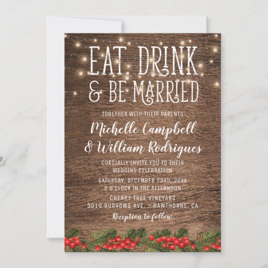 Invitation Rustic Winter Manger Boire et être marié Mariage (Devant)