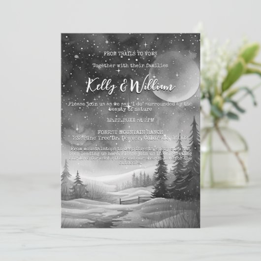 Invitation Rustic Winter Night Mountain Tree Mariage extérieu (Debout devant)
