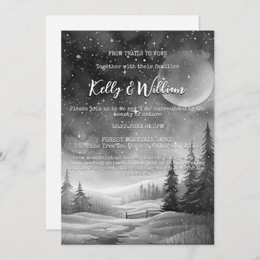 Invitation Rustic Winter Night Mountain Tree Mariage extérieu (Devant / Derrière)