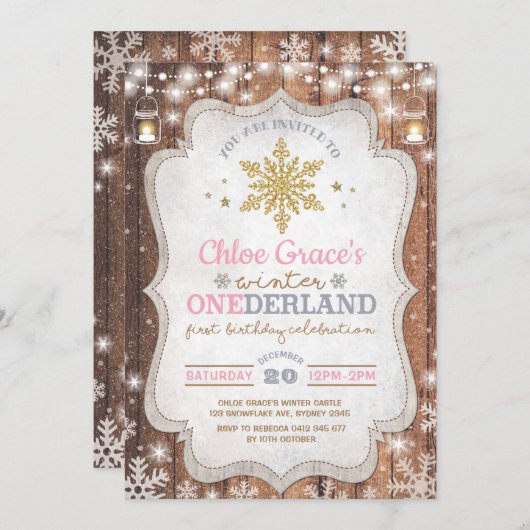 Invitation Rustic Winter ONE derland 1er Anniversaire (Devant / Derrière)