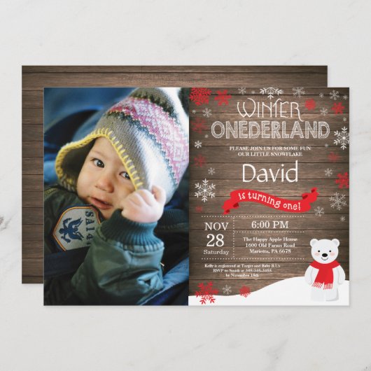 Invitation Rustic Winter Onederland 1er Anniversaire Invitati (Devant / Derrière)