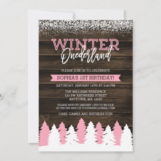 Invitation Rustic Winter Onederland rose 1er anniversaire Inv (Devant)