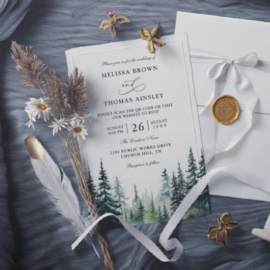 Invitation Rustic winter pine trees Budget QR Code Wedding