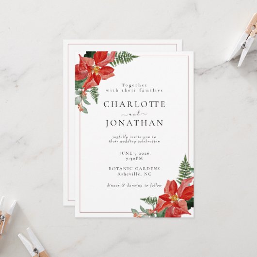 Invitation Rustic Winter Poinsettia Red Christmas Wedding (Devant/Arrière en situation)