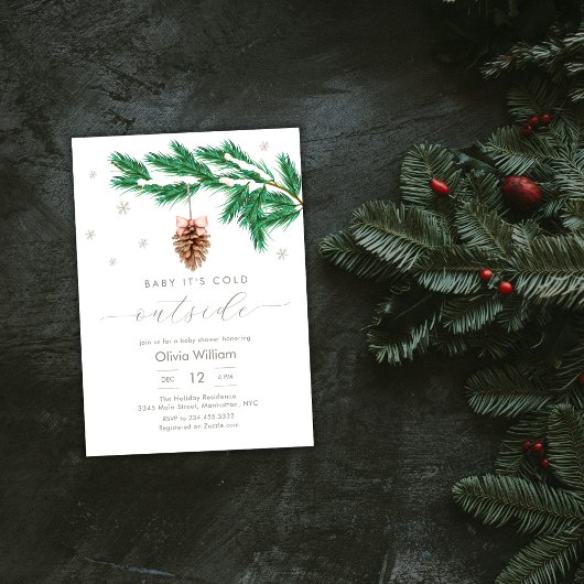 Invitation Rustic Winter Snowflake Pine cone Baby Shower