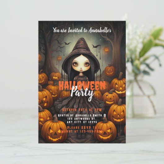 Invitation Rustic Witch Bats Citrouille Halloween Party (Debout devant)