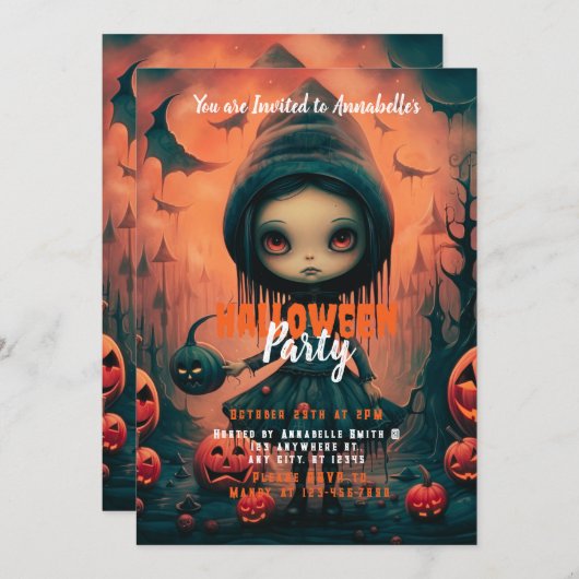 Invitation Rustic Witch Bats Citrouille Halloween Party (Devant / Derrière)