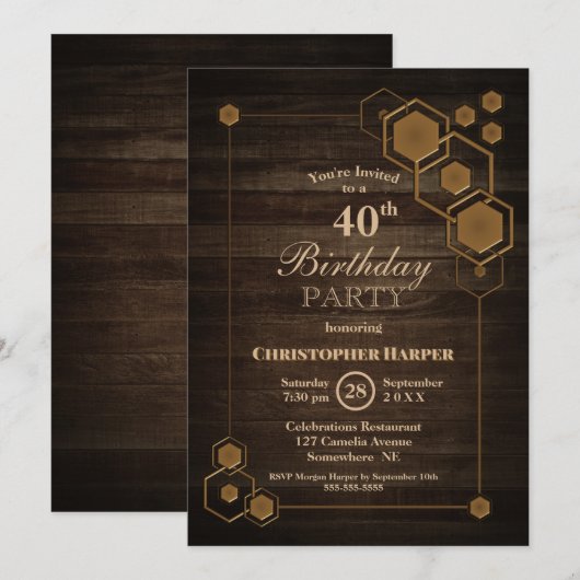 Invitation Rustic Wood 40e fête d'anniversaire (Devant / Derrière)