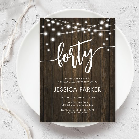 Invitation Rustic Wood 40e fête d'anniversaire