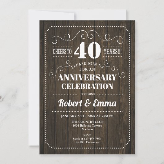 Invitation Rustic Wood 40e fête d'anniversaire du Mariage (Devant)