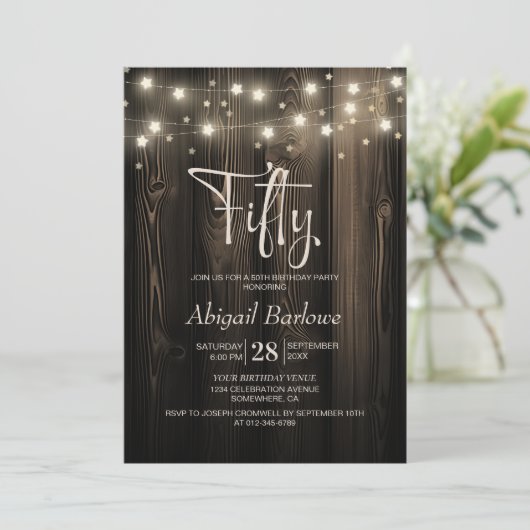 Invitation Rustic Wood 50e fête d'anniversaire (Debout devant)