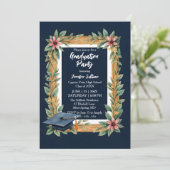 Invitation Rustic Wood and Navy Blue Floral Photo Graduation (Debout devant)