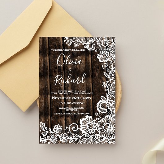 Invitation Rustic Wood and White Lace Floral Wedding
