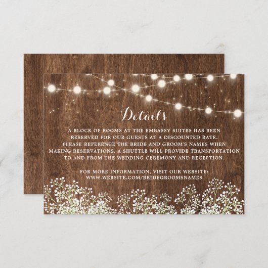 Invitation Rustic Wood Baby's Breath String Lights Détails (Devant / Derrière)