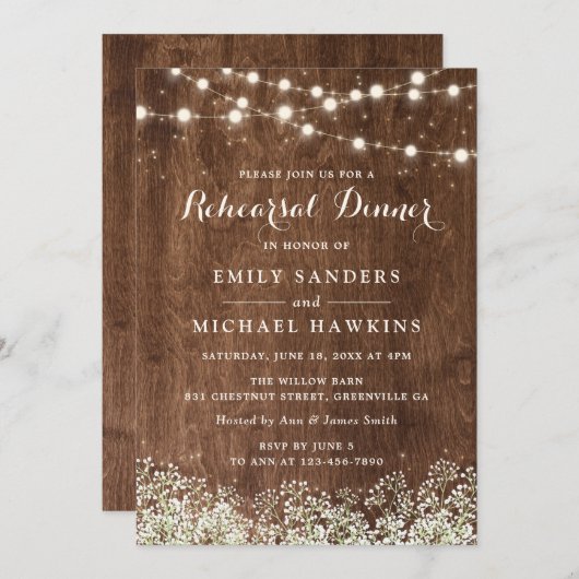 Invitation Rustic Wood Baby's Breath String Lights Rehearsal (Devant / Derrière)