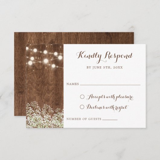 Invitation Rustic Wood Baby's Breath String Lights RSVP (Devant / Derrière)