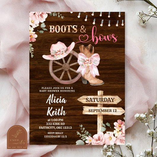Invitation rustic wood background floral boots and bows