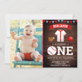 Invitation Rustic Wood Baseball Première fête d'anniversaire  (Devant)