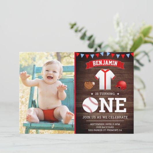 Invitation Rustic Wood Baseball Première fête d'anniversaire  (Debout devant)